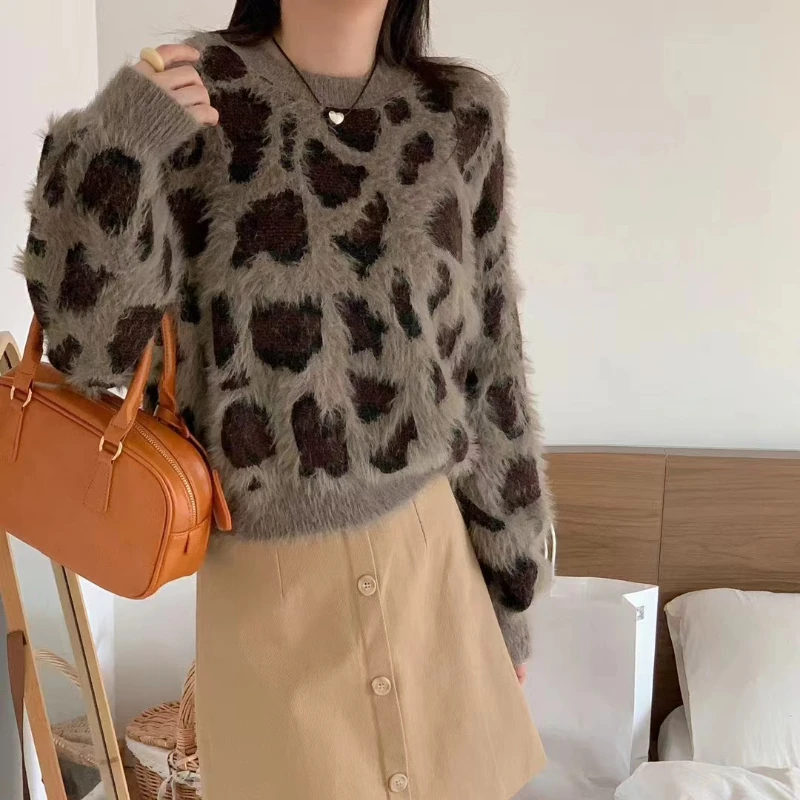 Leopard Print Soft Warm Faux Mink Fur Crop Sweater 2024 Autumn Winter Women Animal Print Crew-neck Pullover Chic Outfit