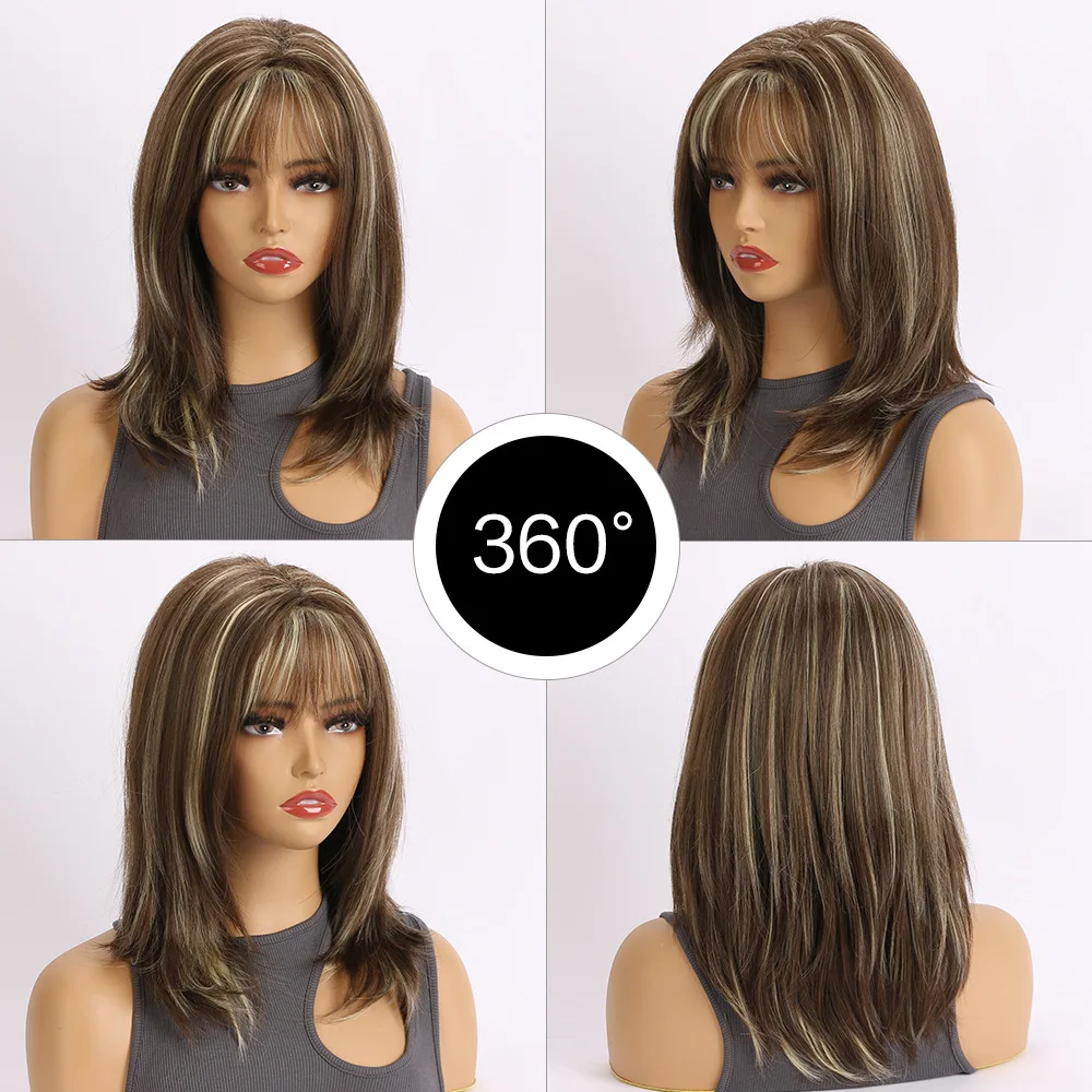 Synthetic Wigs with Bangs Straight Short Highlights Brown Mixed Light Gold Layered Wig with for Women Daily Cosplay Wigs