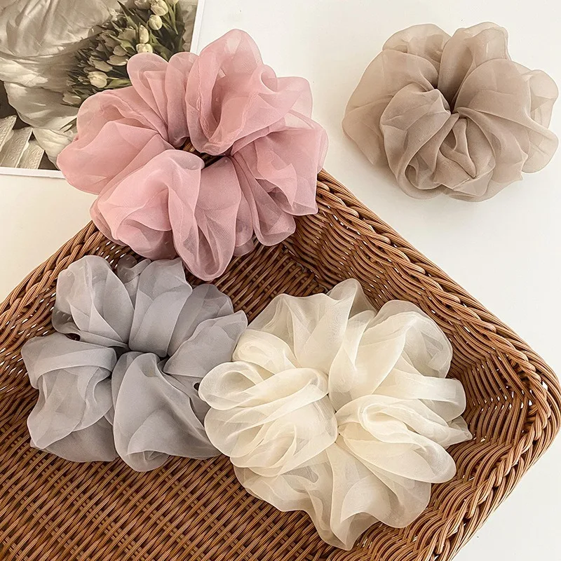 1 Stück Übergroßer Netz-Haargummi mit Blütenknospe und Glänzendem Organza-Haargummi für Damen – Detail 5