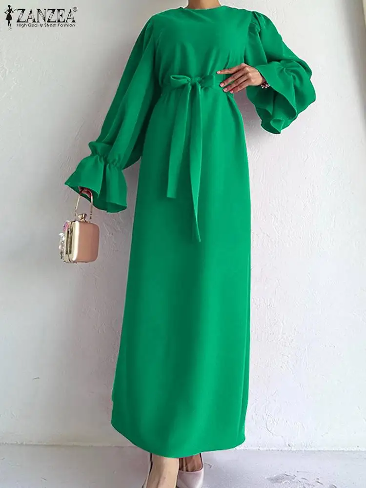 ZANZEA 2023 Autumn Long Sleeve Vestidos Women Maxi Long Dresses Fashion Vintage Belted Ruffled Cuff Dress Casual Plus Size Robe