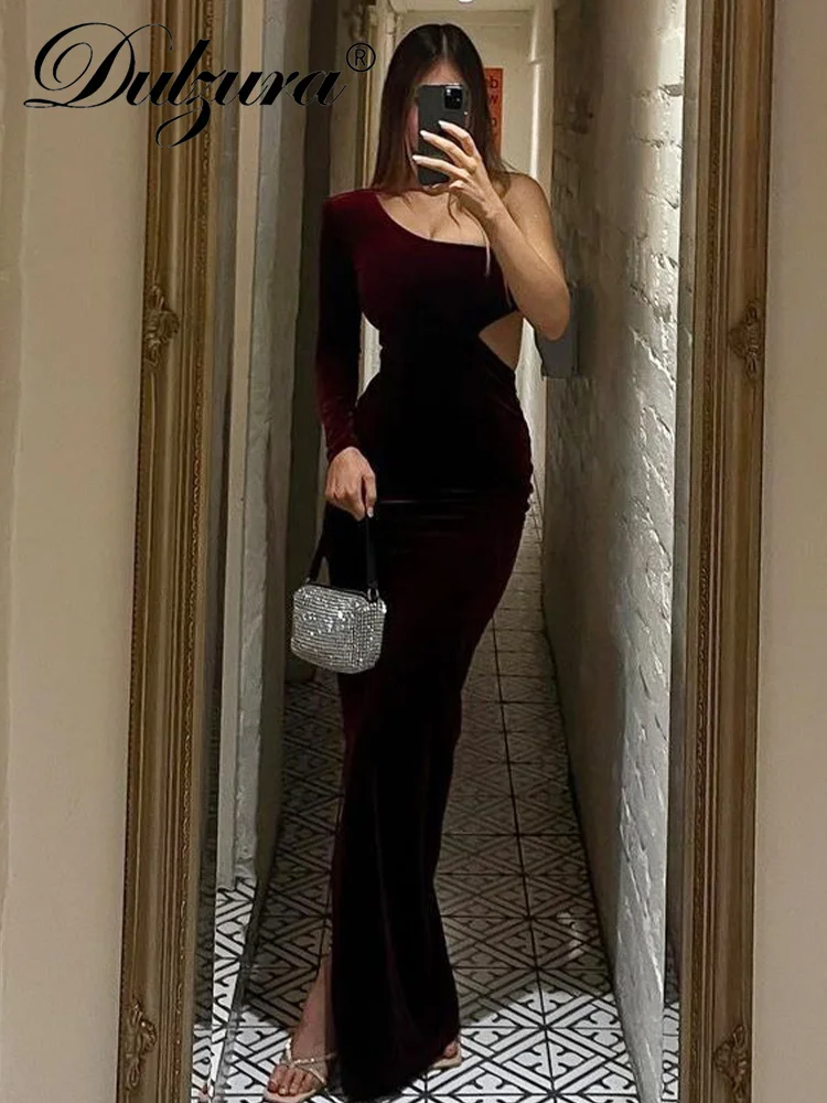 Dulzura Velvet Y2K ubrania jedno ramię drążą z długim rękawem Backless rozcięcia po bokach Bodycon eleganckie sukienki Maxi kobiety Club Party