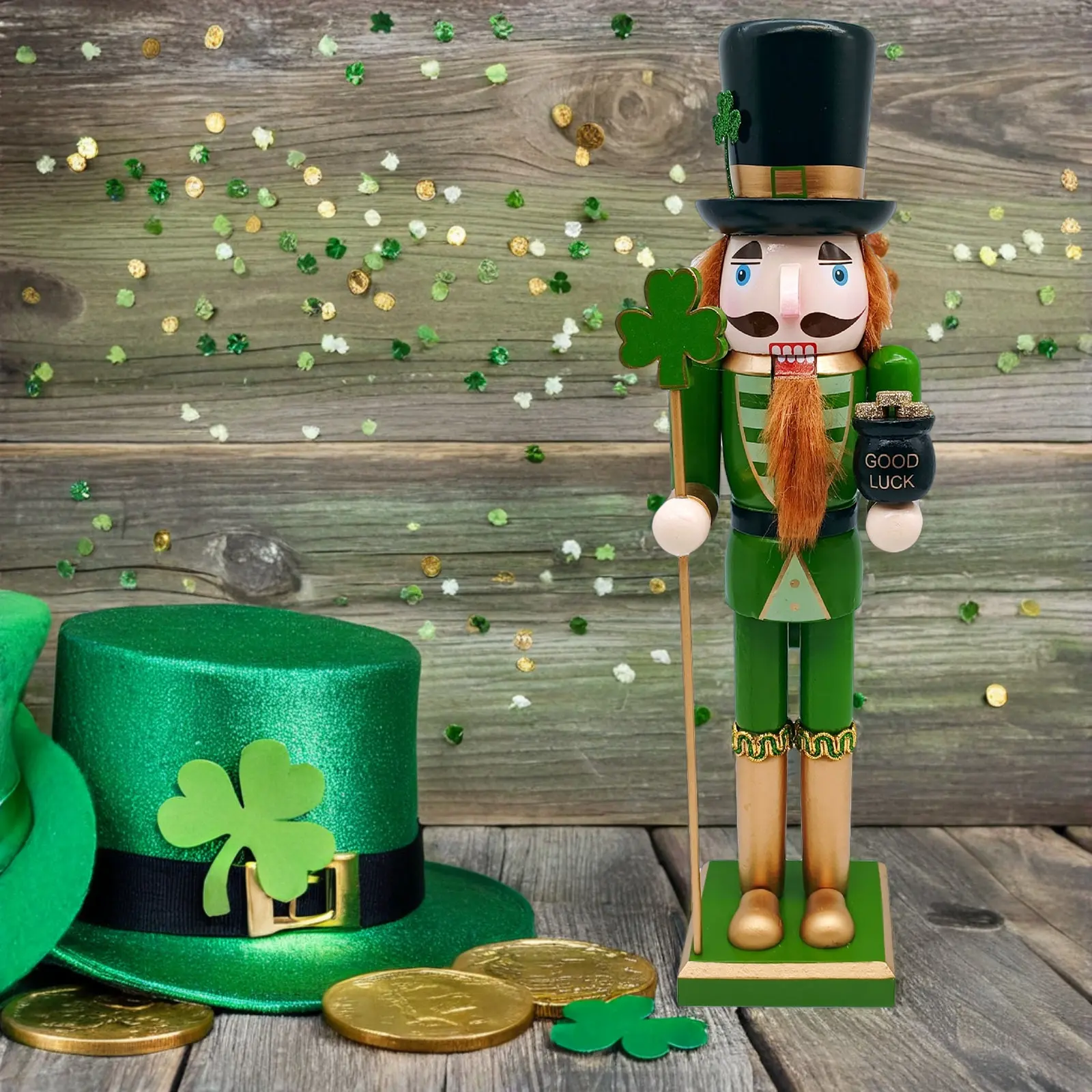 

15 Inch Lucky Irish Nutcracker Soldier Figure Shamrock Decor Wood Christmas Saint Patrick's Day Holiday Mantel Shelf Display