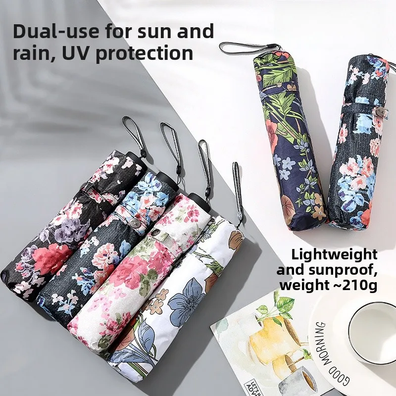 

Portable Lightweight Three Fold Sun Umbrella Women's Black Glue Coating UV Protection Rain And Sun Umbrella Small Floral Design