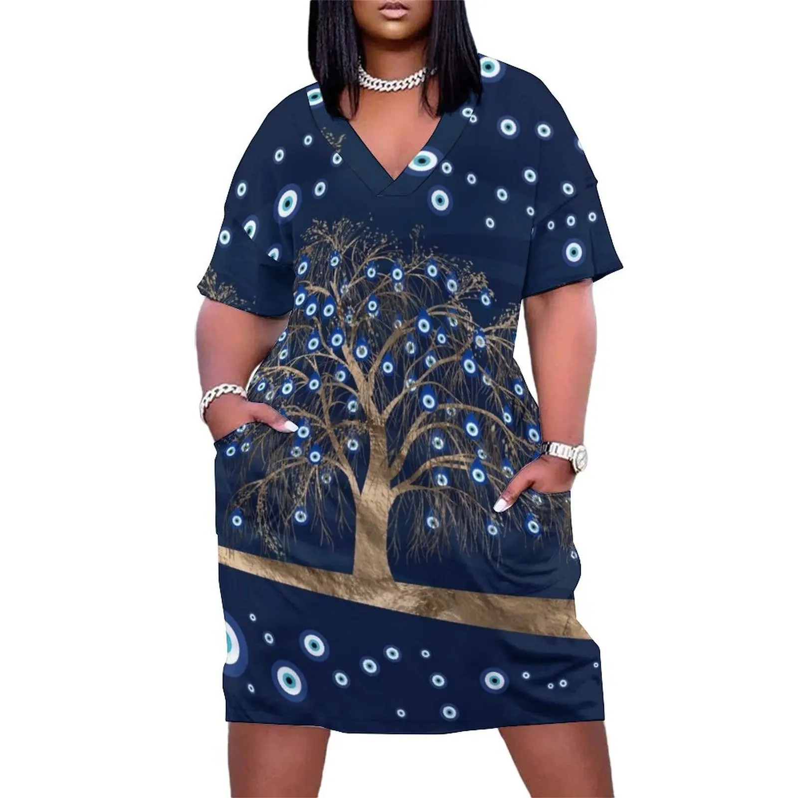 

Nazar Charm Tree - Gold on Dark Blue Loose Pocket Dress evening dresses luxury 2024 Aesthetic clothing