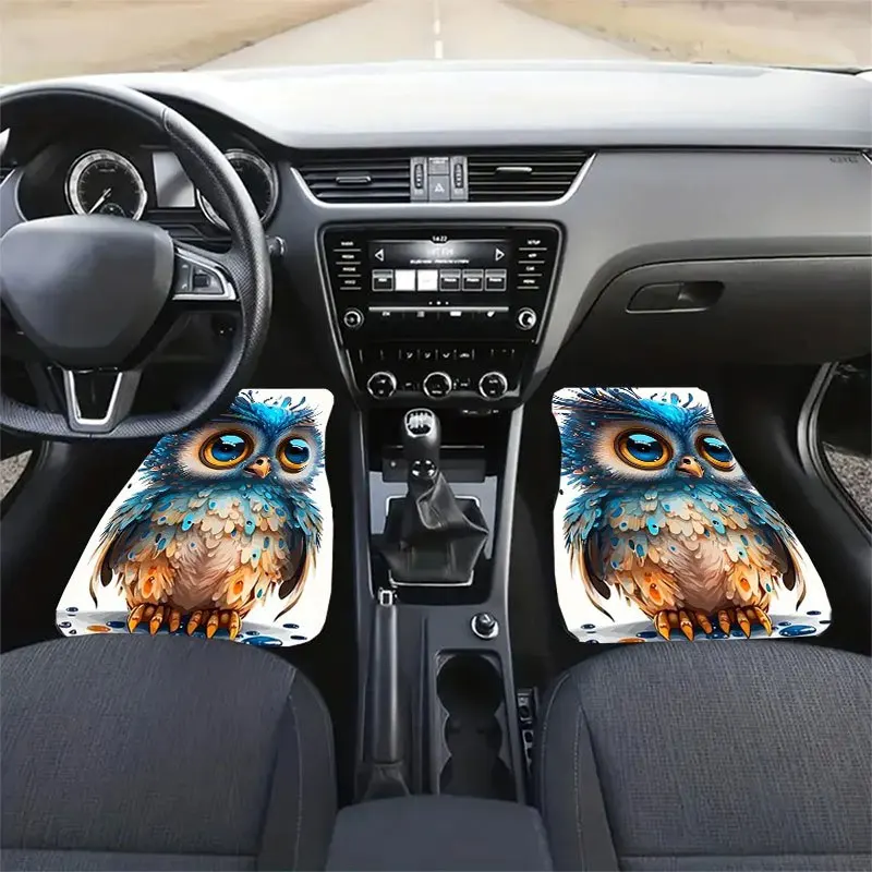 4pcs Owl-Patterned Car Floor Mats | Universal Interior Decoration, Crystal Velvet Anti-Slip Design, Stylish Pattern, Effective H