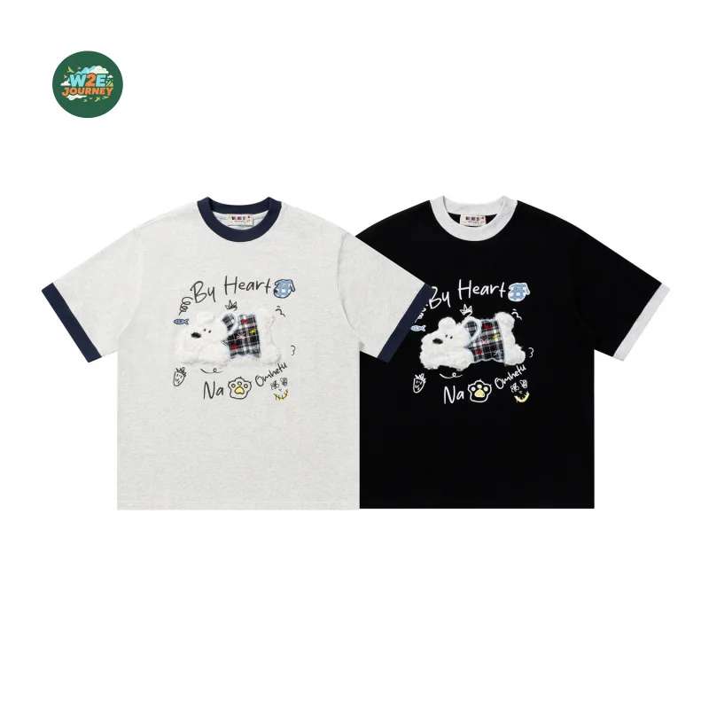 HELLOMARCEL EU US Size Luxury Quality Casual T-Shirt Street Wear Summer Oversize Retro Fun Flocked Puppy Short-Sleeve T-Shirt