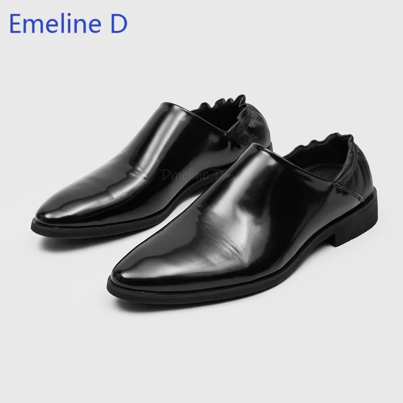 Men Minimalist Shiny Leather Loafers Sharp Pointed Toe Flat Sole Elastic Ruched Ankle Opening Street Formal Daily Footwear