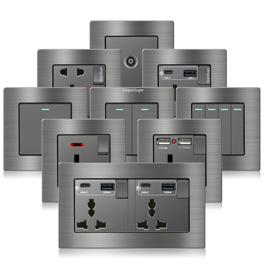 

Universal 18W Type-C Fast Charging Dual Power Outlet,Brushed aluminum Uk 13A Usb Wall Socket,220V Electrical Light Switch Panel