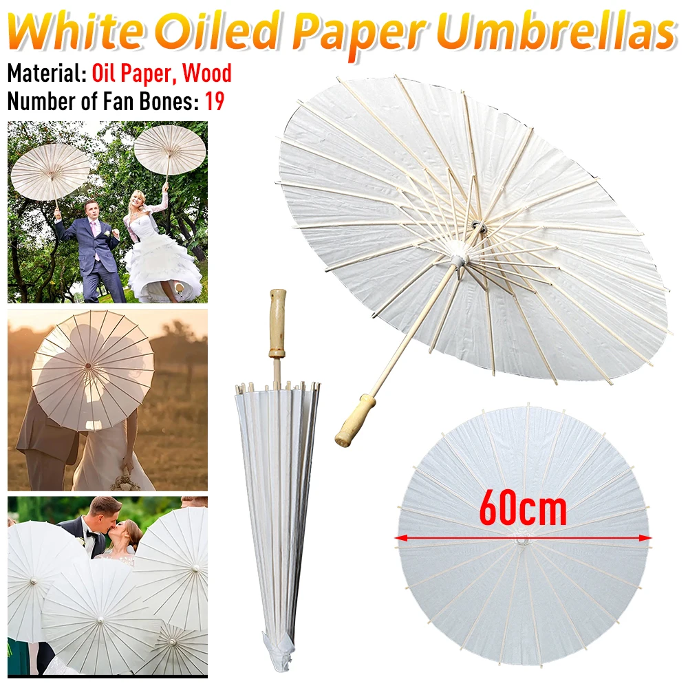 60 cm weißer Papier-Sonnenschirm für Hochzeit, Party, DIY-Malerei, Bambus-Regenschirme für Brautparty, Mittelstücke, Foto-Requisiten