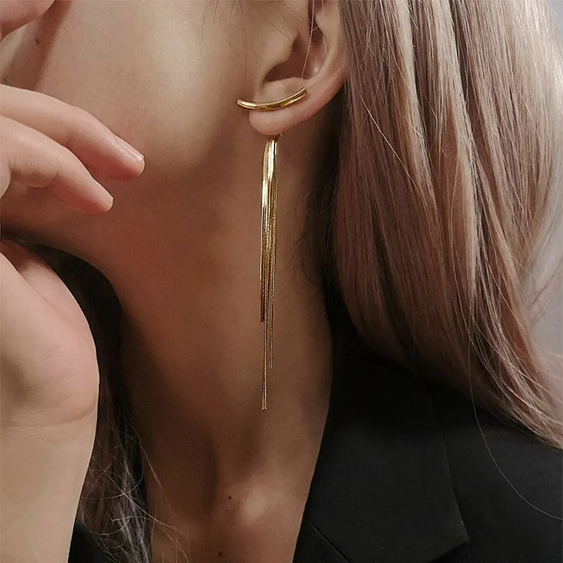 New Fashion Women Personality Gold Exaggerated Long Tassel Snake Bone Chain Stud Earring for Party Birthday Gift Jewelry