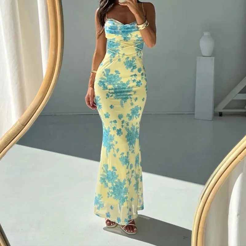 

Comfortbale Elegant Ladies Dressess Summer Outfits For Women 2025 New Fashion Floral Printed Spaghetti Strap Long Dressess Party