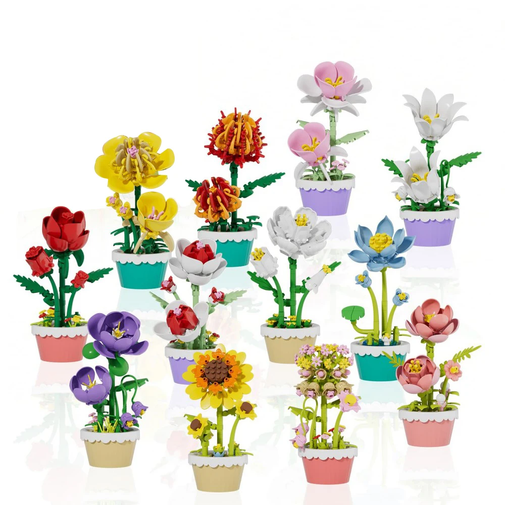 12-teiliges Baustein-Set Mini-Blumen-Spielzeug DIY Botanik-Kollektion Künstliche Blumen mit Töpfen Bastelset für Heim- und Bürodekoration – Detail 5