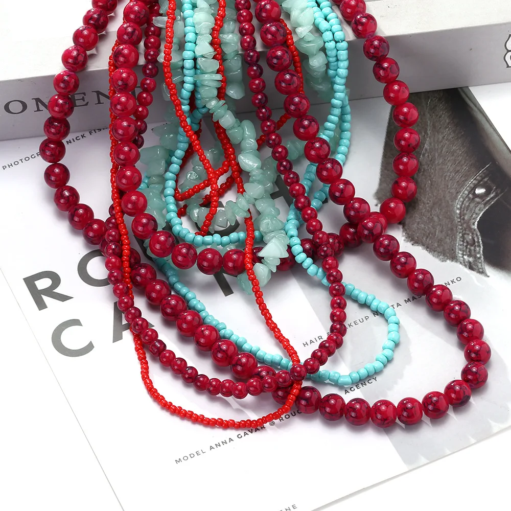 ZAA Stone Beaded Vintage Boho Multilayer Necklaces Texured Choker Earrings for Women Holiday Accessory Vacation Party Gifts