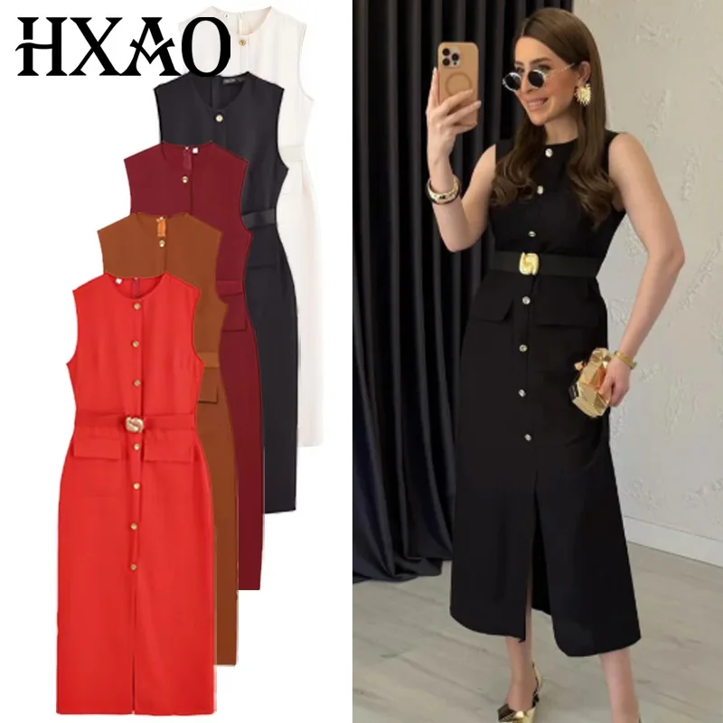 HXAO 2025 Abito nero Abito estivo da donna Elegante casual Slim Abito da vacanza O-Collo senza maniche Cintura con bottoni Abiti lunghi 066