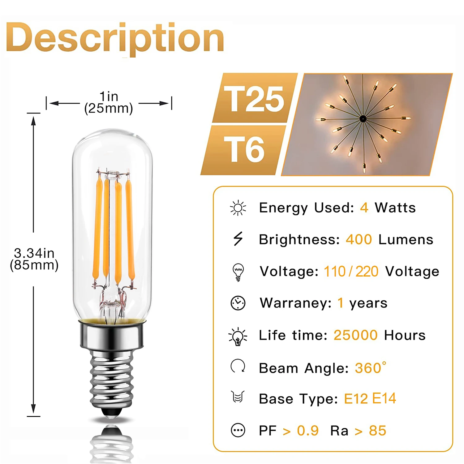 Genixgreen Tubular Led Bulbs 4W T25 T6 Vintage Dimmable E12 E14 Warm White 2700K Edison Light Bulb For Chandeliers Ceiling Fan