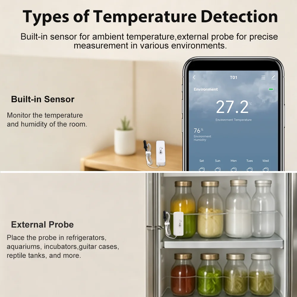 Tuya WiFi Temperature Humidity Sensor with External Probe for Smart Home Hygrometer APP Real-Time Monitoring For Aquarium Winery