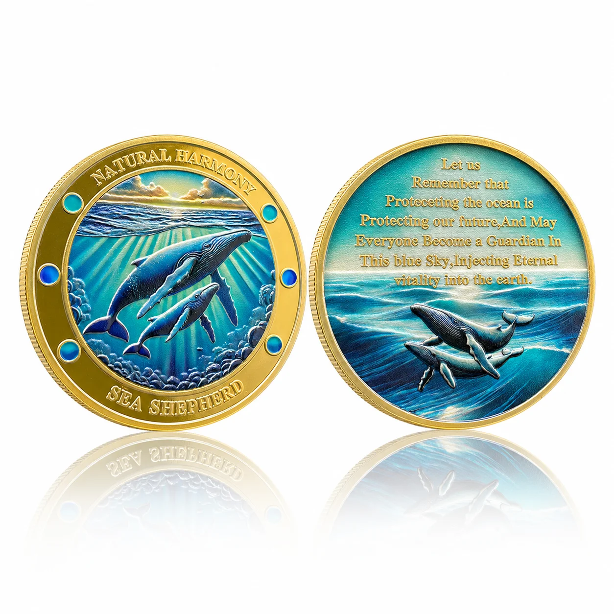 Blue Whale Coin Collectibles Natural Harmony Commemorative Medal Protect Ocean Badge in Capsule