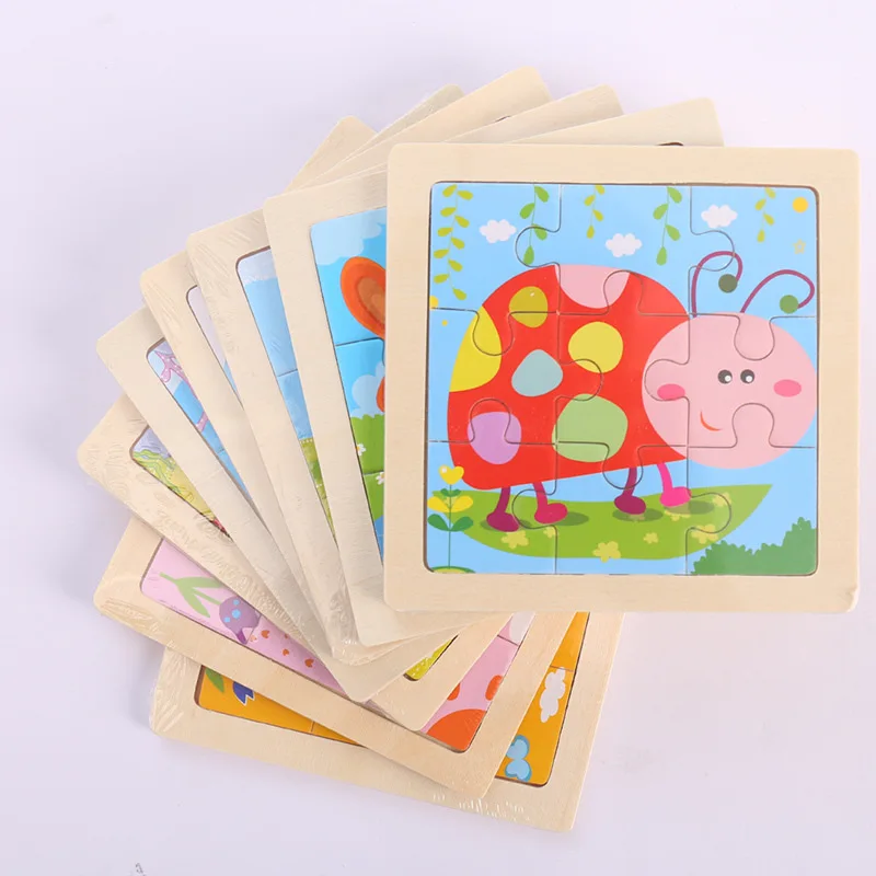 Kids Wooden Puzzle Jigsaw Toys Wood Cartoon Animal Traffic Tangram Puzzle Early Educational Gifts for Children 11X11CM