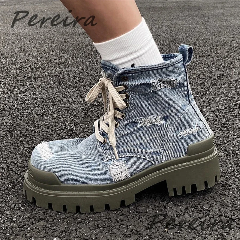 

Retro Denim Thick Soled Motorcycle Boots Men's Fashion Platform Round Toe Lace-Up Short Boots Autumn New Outdoor Walking Shoes