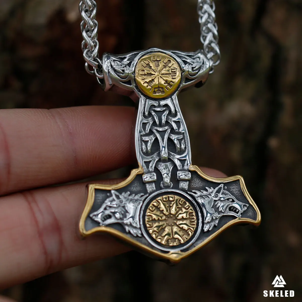 Stainless Steel Double-sided Compass Wolf Viking Thor Hammer Pendant Necklace Men\'s Amulet Nordic Retro Trend Rune Jewelry