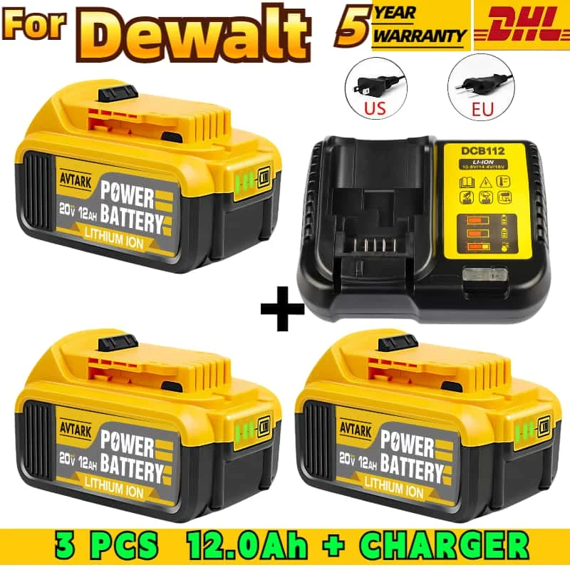 Batería de repuesto Premium de 20V y 12,0Ah para herramientas eléctricas DeWalt DCB200 DCB115 DCB118 DCB184 DCB182 DCB180 batería de iones de litio