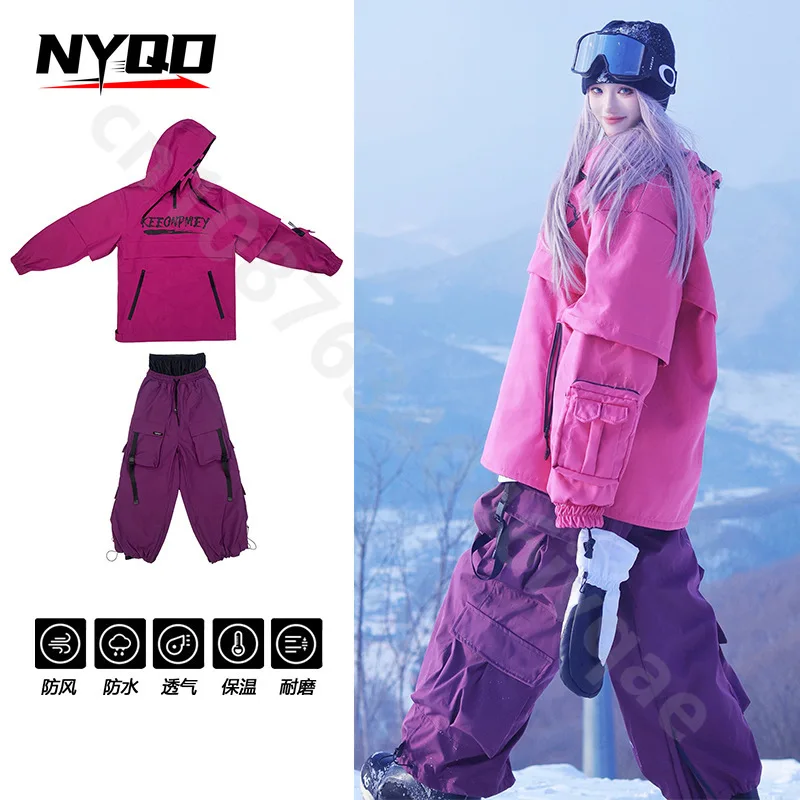 

Outdoor Skiing Suit Sports Hooded Sweater Ski Set Waterproof Windproof Warm Violet American Snow Wear Pants