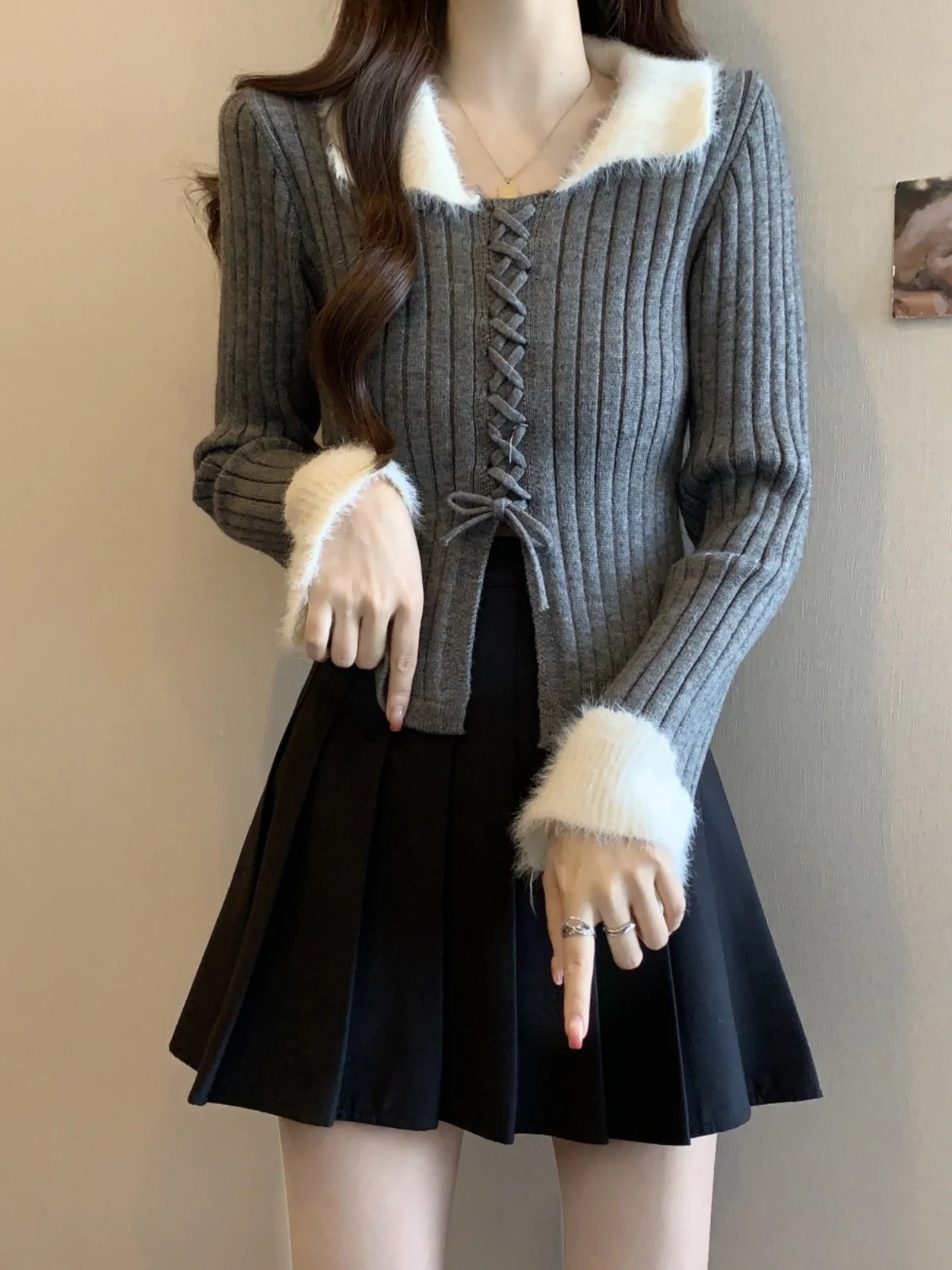 

plus Size Knitwear Long Sve Bow Tie ort Sle Turn-down Collar Women's Spring Autumn Winter Slimming Base Layer Sweater