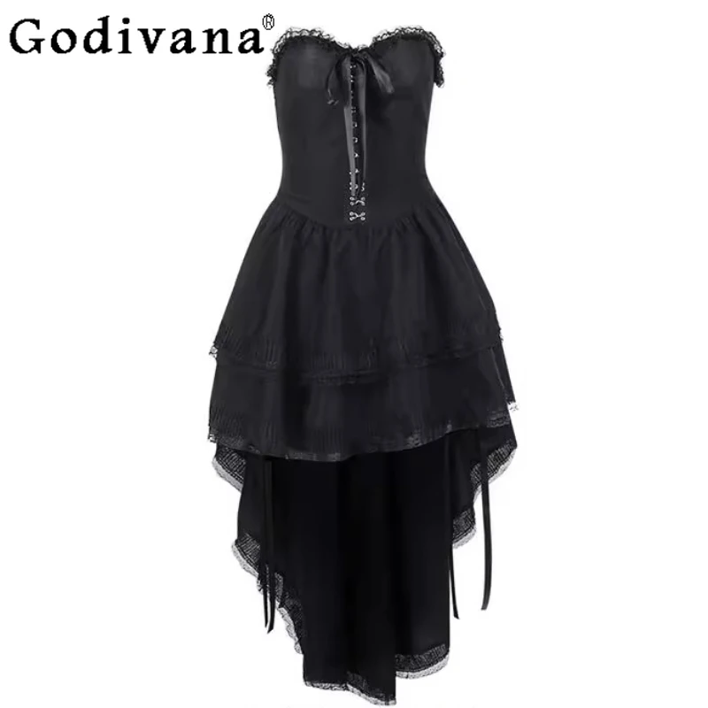 

Dark Temperament Sexy Goth Waist Cinching Irregular Strapless Long Dress Girl Autumn Lace-up Bow Slash Neck Lace-up Dresses