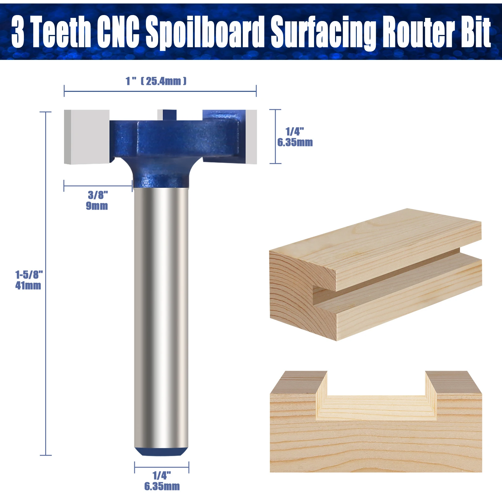 1PC 1/4‘’ Shank Router Bit 3 Teeth Slab Flattening Router Bit CNC Spoilboard Surfacing Router Bit T-Slot Milling Cutter For Wood