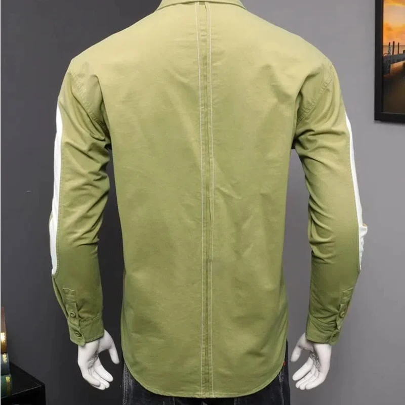 Korean Men Spring and Autumn New Spliced square Collar Button Fashion Solid Color Slim Minimalist Casual Long-sleeved Shirts