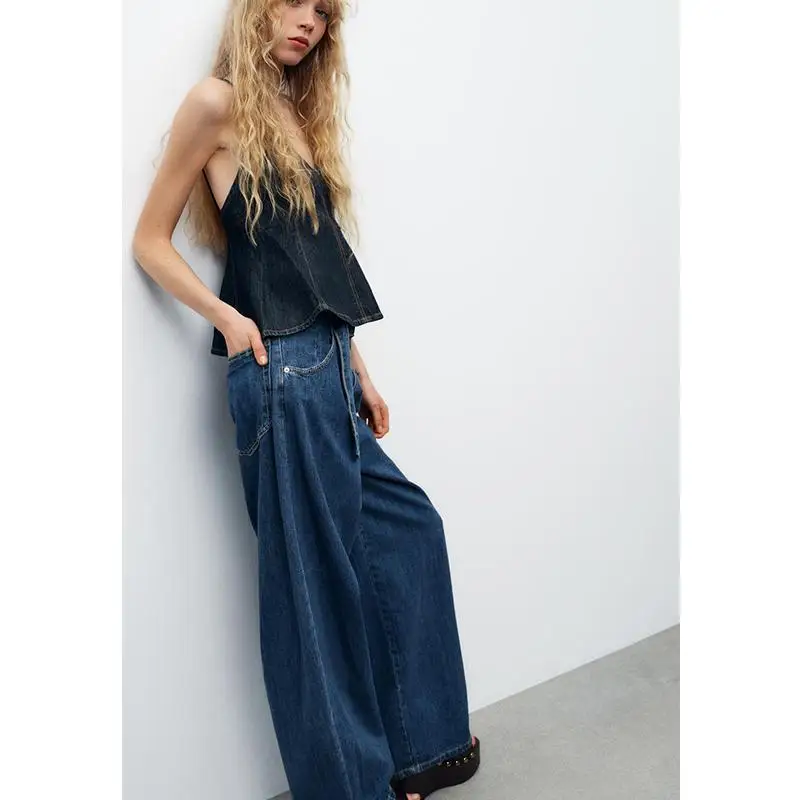 Women's Spring New Sle Pure Desire Wave Pattern Wide Swing V-ne Thin Strap Denim Top Slim Fit Commute Sle Single Piece