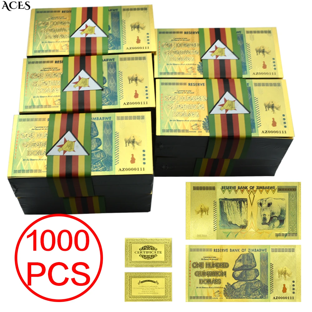 1000pcs Zimbabwe Gold Banknotes One Hundred Quintillion Dollars with Sealing Strip Wholesale Items