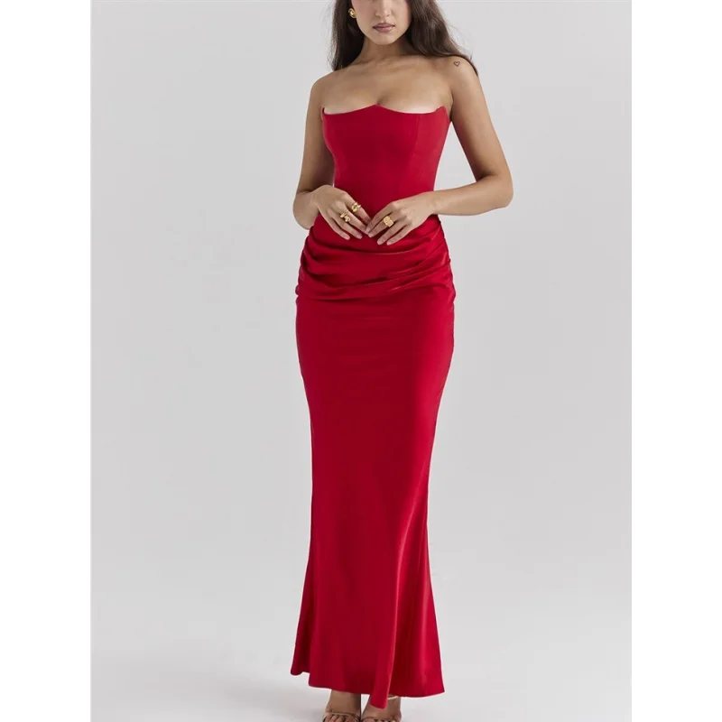 Europe and AmericainsCross-Border New Arrival Multi-Color Waist Tube Top off-Shoulder Fishbone Pleated Long Sheath One-Piece Dre