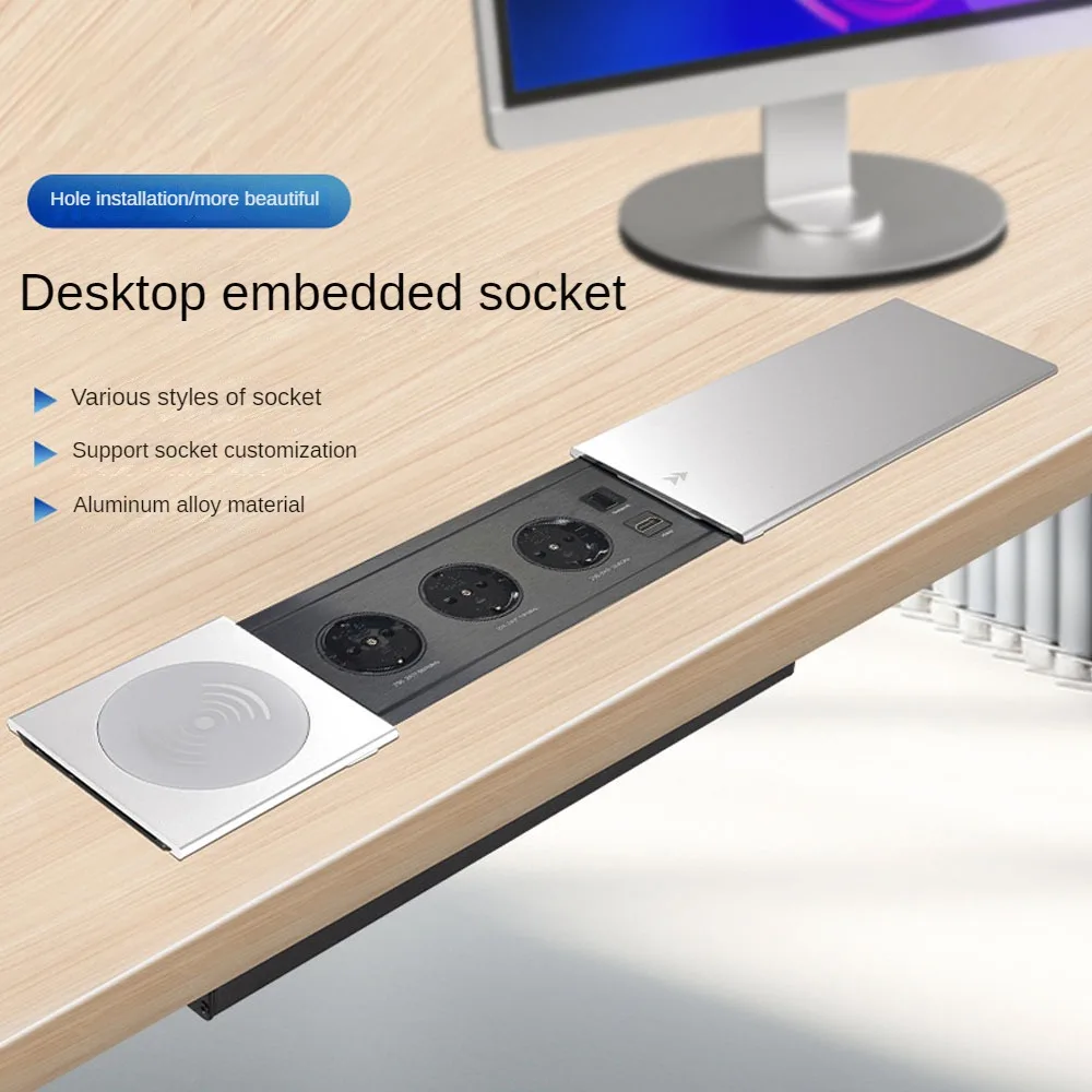 MANLEIKE Table Hidden Socket Embeded Outlet Office Sliding Cover Desktop Socket With Wireless Charge,USB,Type-c,Network, Hdmi