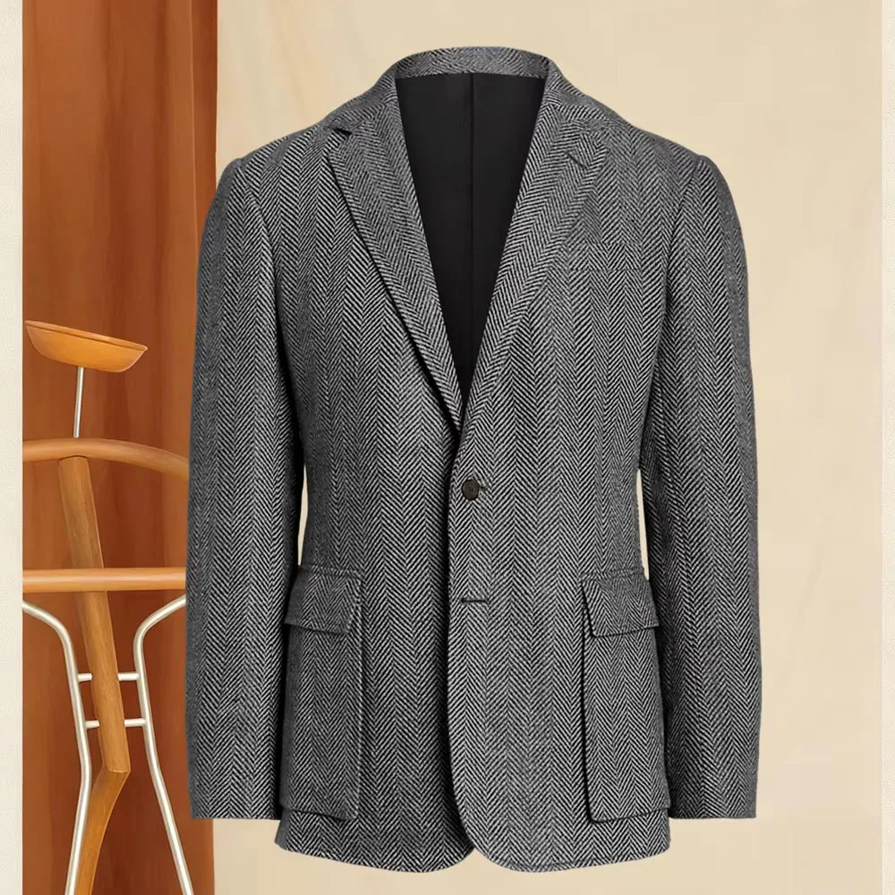 Men's Herringbone Tweed Blazer Classic Retro British Style Slim Fit Suit Jackets Single-Breasted Men Sport Coats Blazer