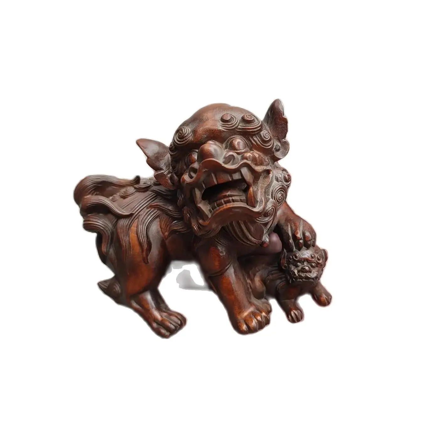 A Pair Wooden Animal Figurines Ball Son Lion Statue Wood Carved Door decorative sculpture home decor