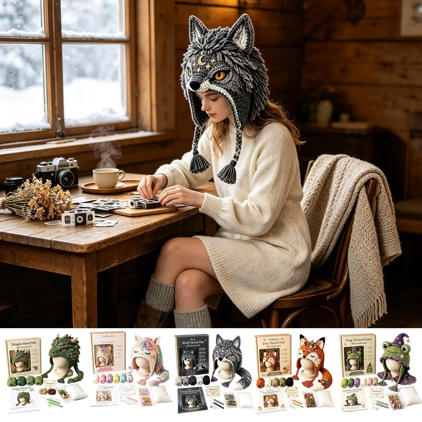 DIY Crochet Hat Kit Weaving Animal Craft Head Wrap Photo Props With Step-by-step Guide Crochet Hat DIY Supplies For Adults Teens