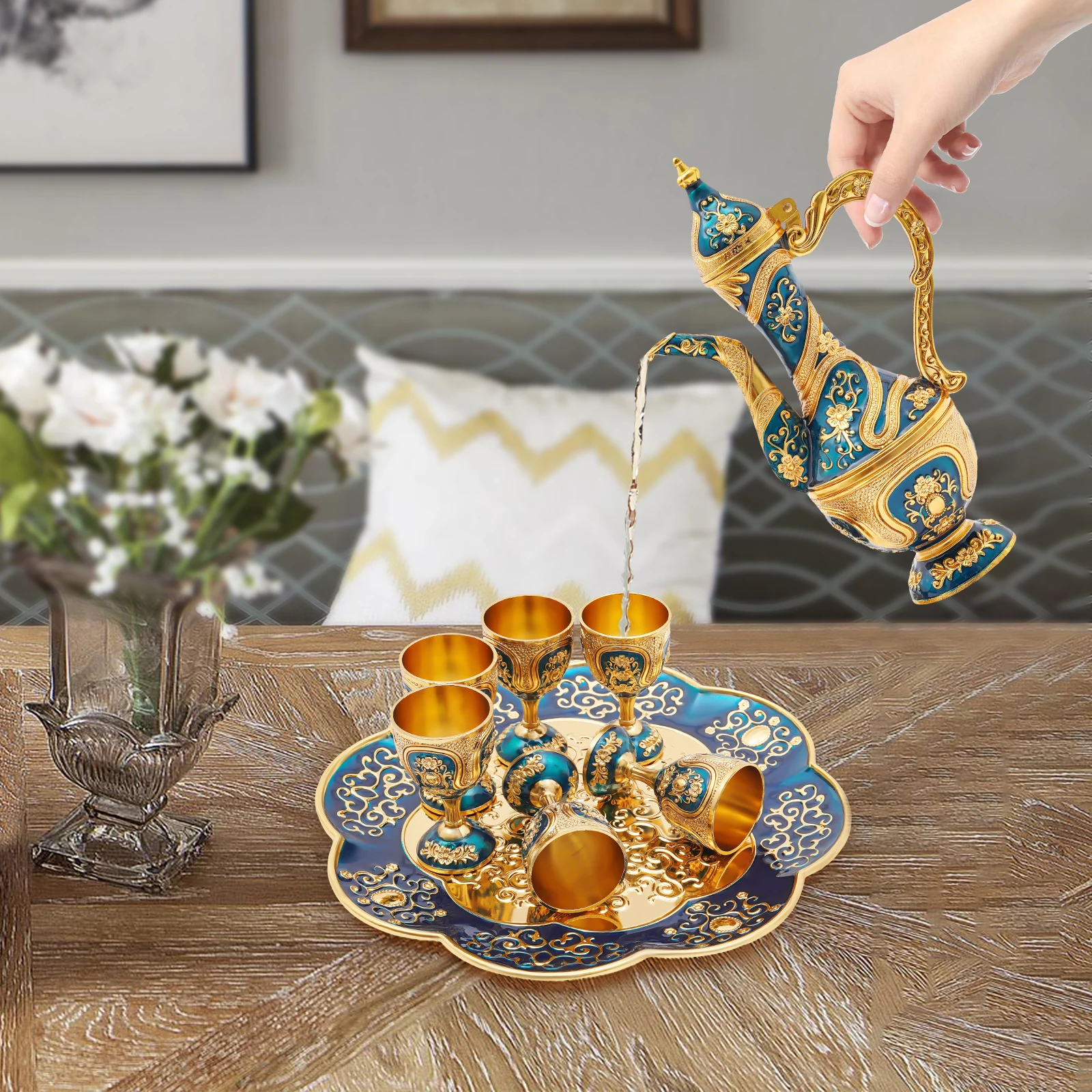 

Vintage Blue and Gold Tea Set with Matching Tray, 1 Teapot & 6 Cups - Elegant Zinc Alloy Service for Wine, Coffee, and Cocktails