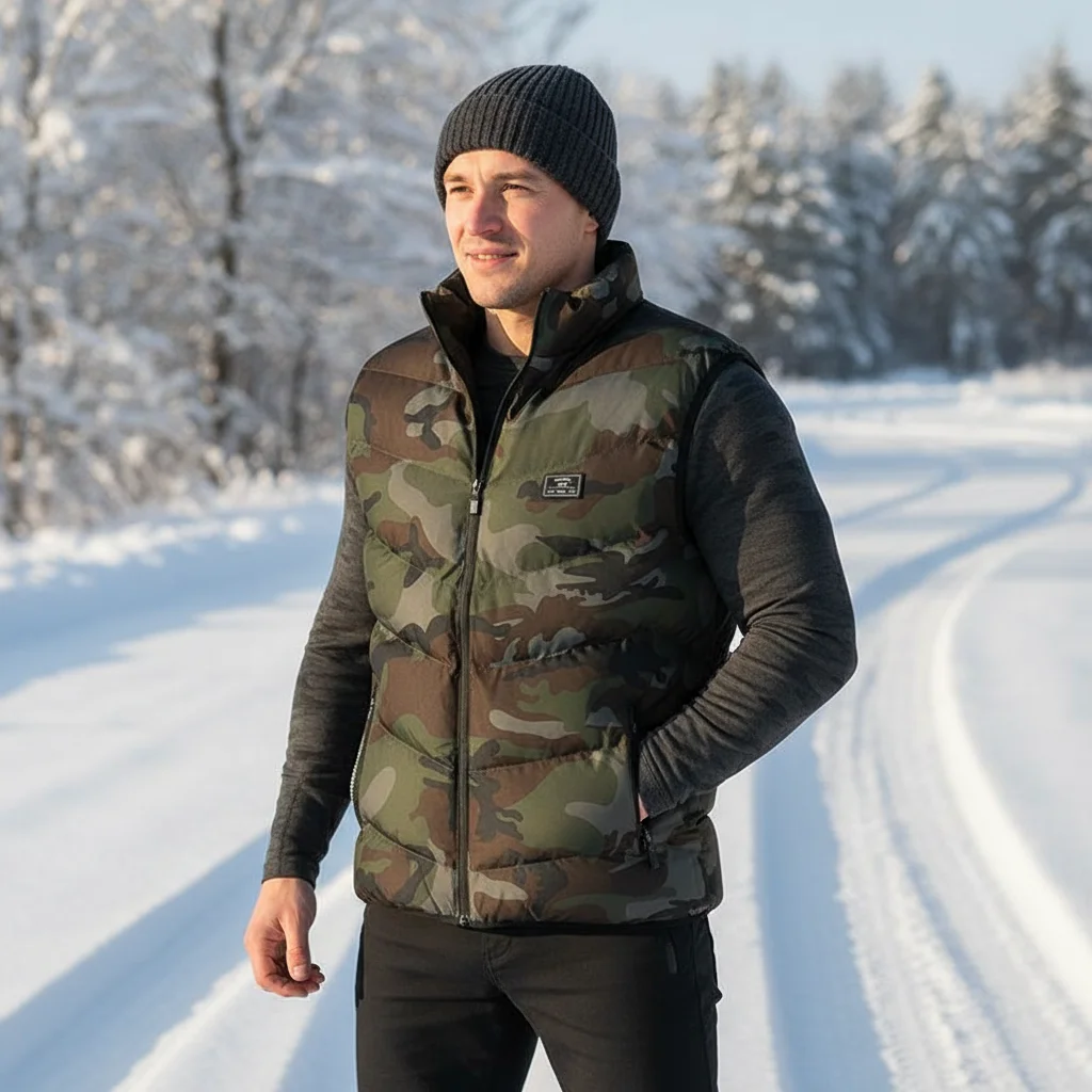 

Мужской зимний теплый пуховый жилет с камуфляжным принтом, термоветрозащитный жилет, утепленная куртка для снежных условий и альпинизма