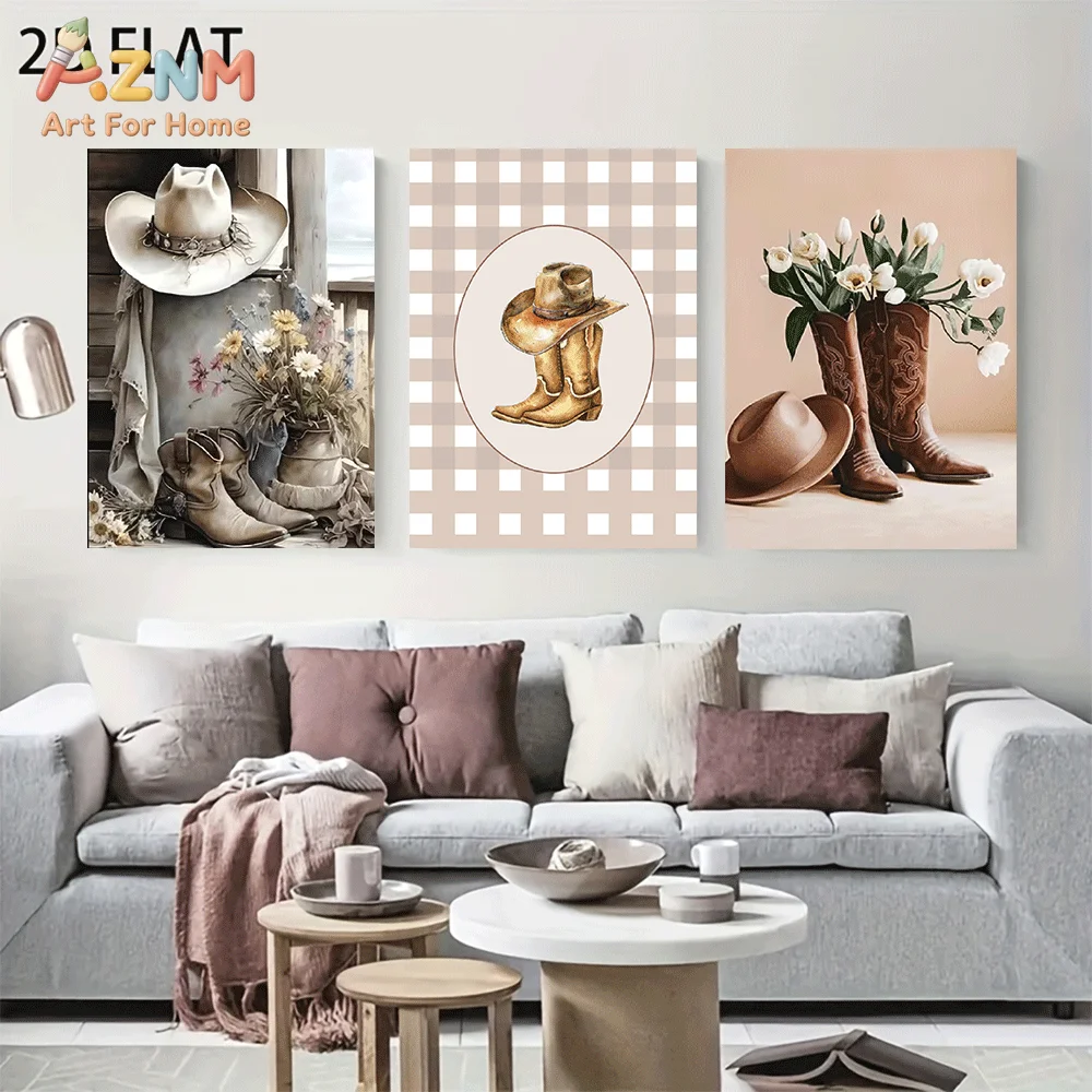 AZNM Frameless Canvas Wall Art, Vintage Western Cowboy Hat Boots Wildflower Print, Farmhouse Aesthetic Wall Decor for Living Roo