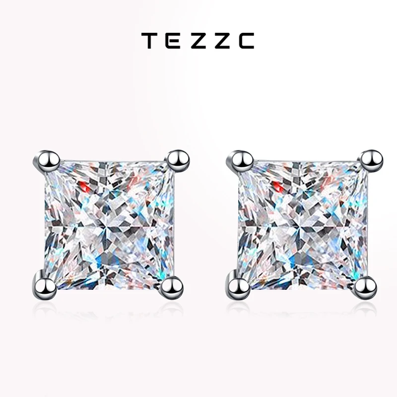 

Tezzc 1ct 2ct Princess Cut Moissanite Earrings Studs for Women 925 Silver with Gold Plated Lab Diamond Sparkling Earring Jewelry