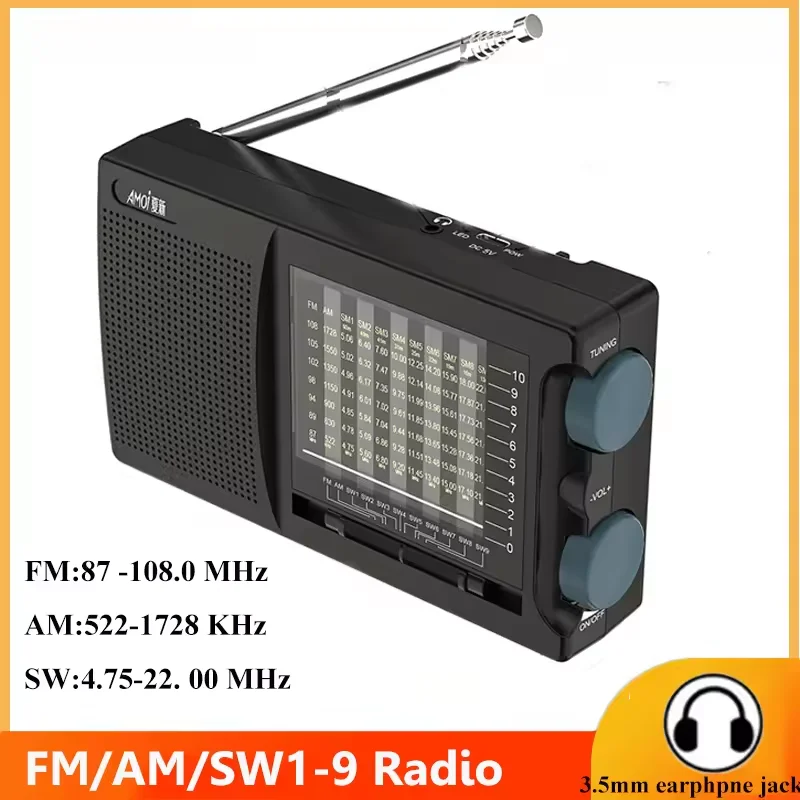

Портативный FM AM SW радио, высокочувствительный радиоприемник, встроенный громкий динамик с вращающейся антенной на 360 градусов, разъем для наушников