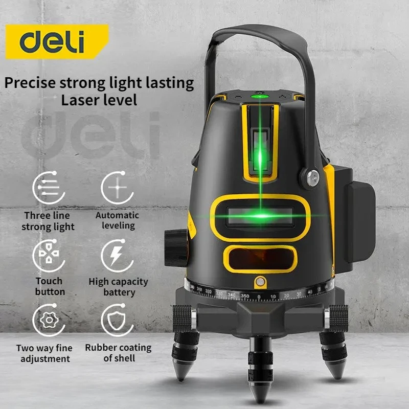 Deli Laser Level GreenRadius 2/3/5Crosslines Selflevelling 360Rotatable for IndoorOutdoor Use HorizontalVertical Alignment