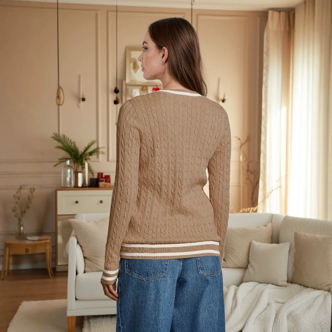 Gestreifter Pullover für Damen im Herbst und Winter, vielseitig, elegant, lässig, künstlerisch, Farbblock-Pullover mit V-Ausschnitt, Strickwaren