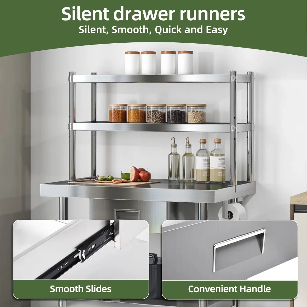 NSF Stainless Steel Table with Adjustable Height, Storage Rack, Towel Hanging Bar, Overshelves, Drawer