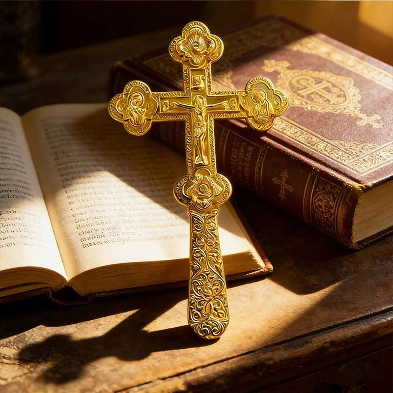 

Ornate Gold-Plated Orthodox Blessing Cross with Filigree Detailing and Crucifix Engraving for Church Liturgy and Home Devotion