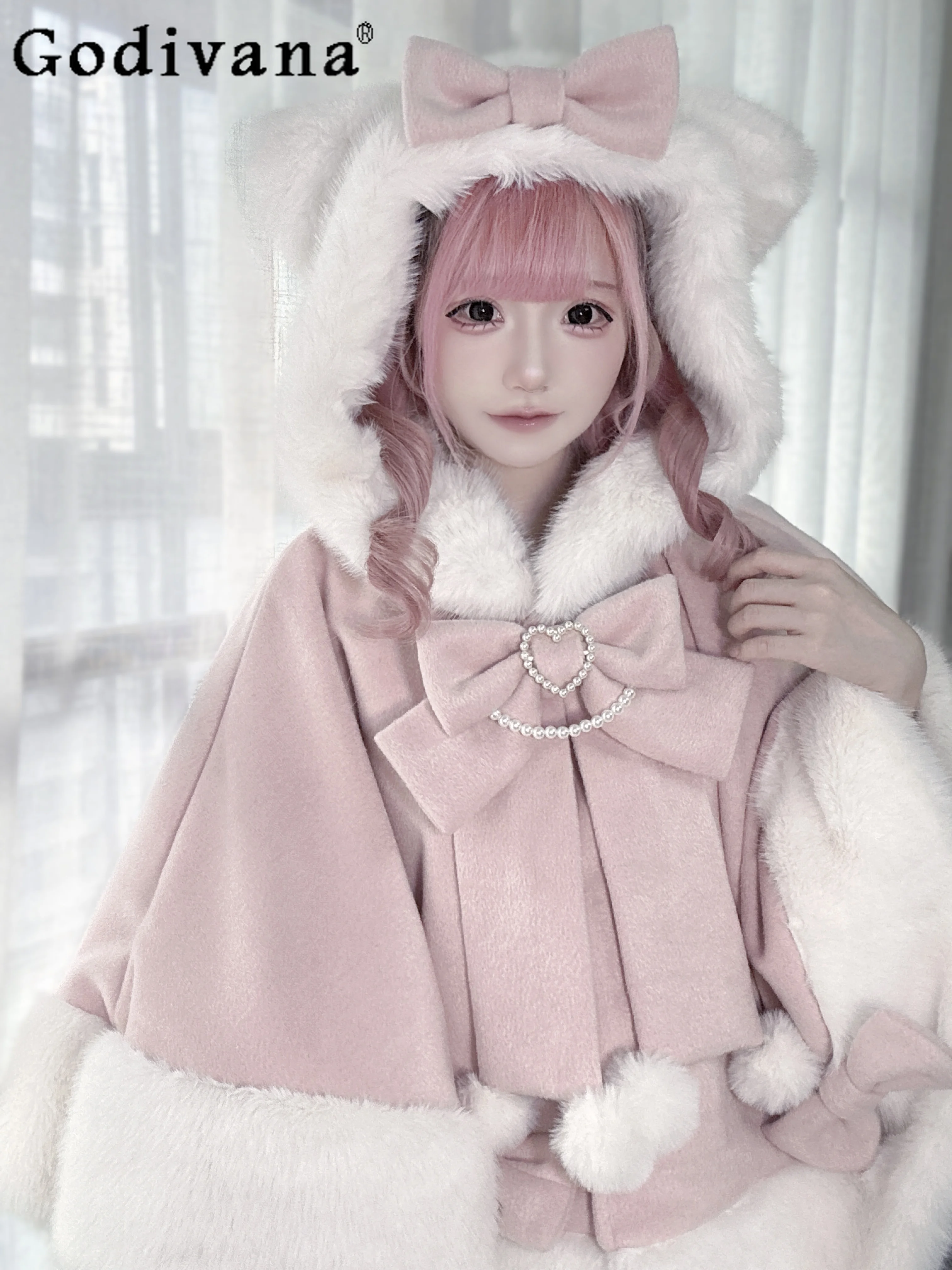 

Розовый плащ с капюшоном в стиле Лолиты для девочек, осень-зима, новый женский японский шахта, милые накидки с бантом, пончо Y2K, плюшевая теплая короткая куртка