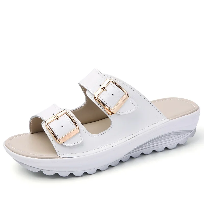 Comemore Buckle Leather Slides Shoes Solid Thick Sole Heels Beach Sandals Women Outside Flip Flops Summer 2023 Woman Slippers 42