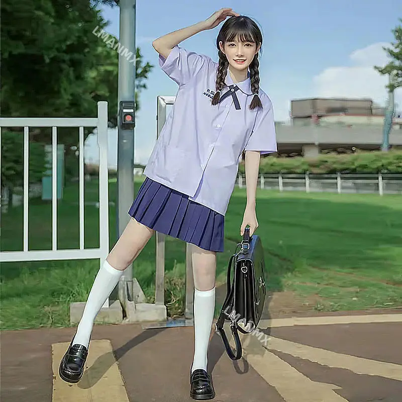 Women Girls JK Uniform Thai Style School Uniforms Seifuku Short Sleeve Embroidered Shirt Three-piece Set Pleated Skirt Student