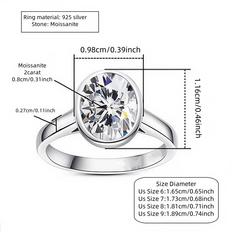 خاتم زواج من الفضة عيار 925 عيار 2 قيراط من المويسانتي البيضاوي بتصميم كلاسيكي يومي وبسيط متعدد الاستخدامات للرجال والنساء عالي الجودة #6